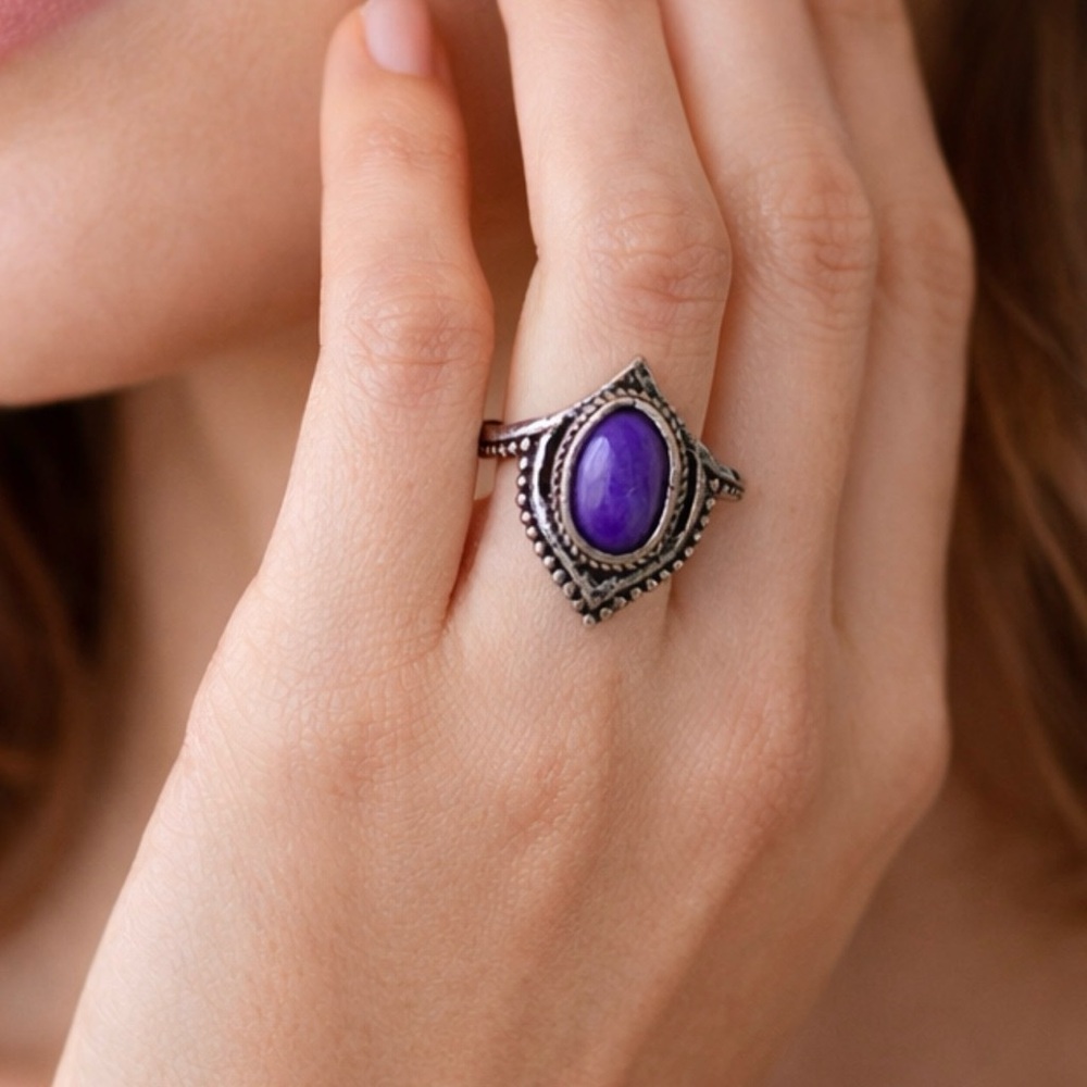 Sterling Silver Boho Statement Ring Oval Purple‎ Gemstone Adjustable Size 7